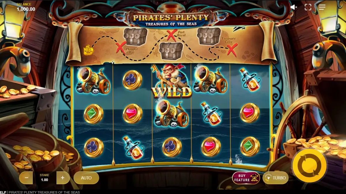 Tampilan visual slot Pirates’ Plenty: Treasures of the Seas dengan tema bajak laut