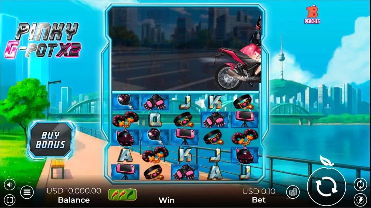 Tampilan visual slot Pinky G-Pot X2 dengan tema neon Seoul