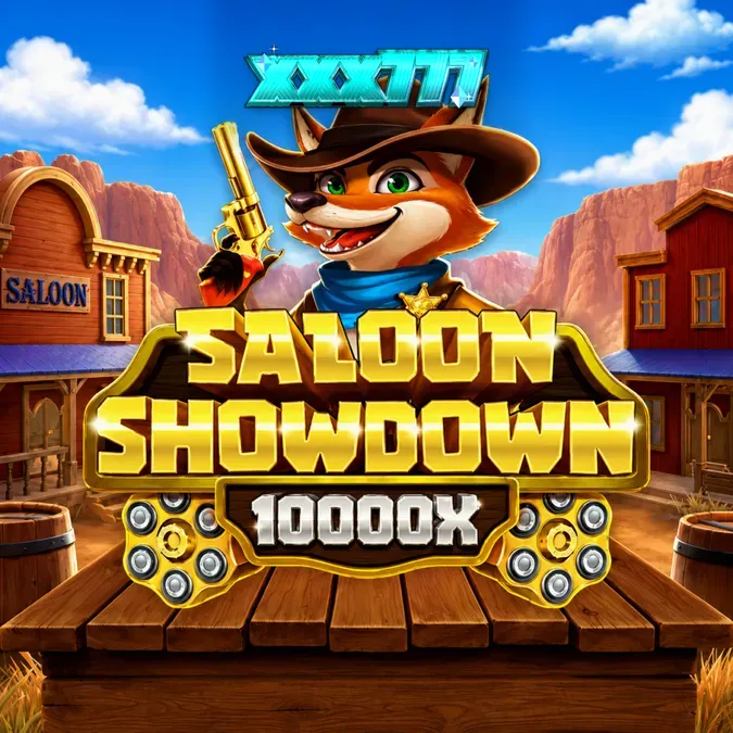 Tampilan visual slot Saloon Showdown 10,000x dengan tema koboi