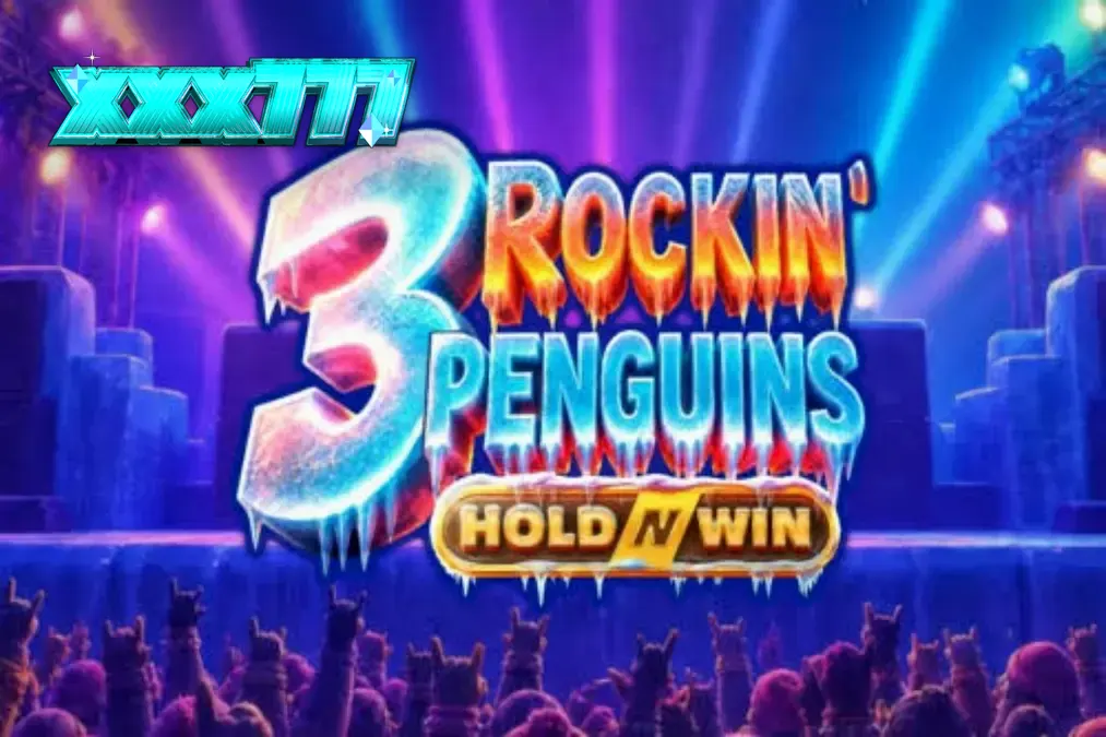 Trio penguin punk rock di atas panggung konser es dalam slot 3 Rockin’ Penguins